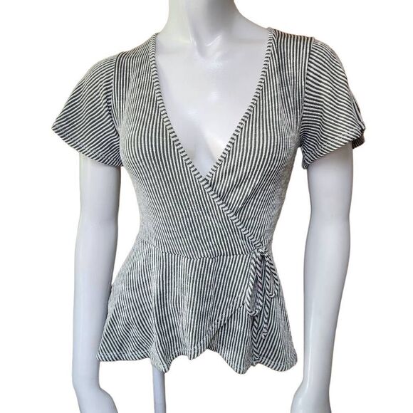 Caution to the Wind Green & White Striped Faux Wrap Top (S) - Picture 2 of 5